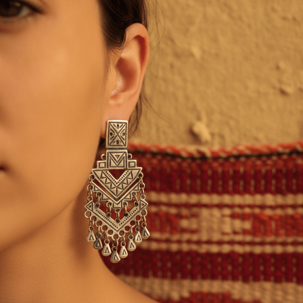 Styling authentic Amazigh jewelry with symbolic geometric patterns, perfect for a meaningful gift.