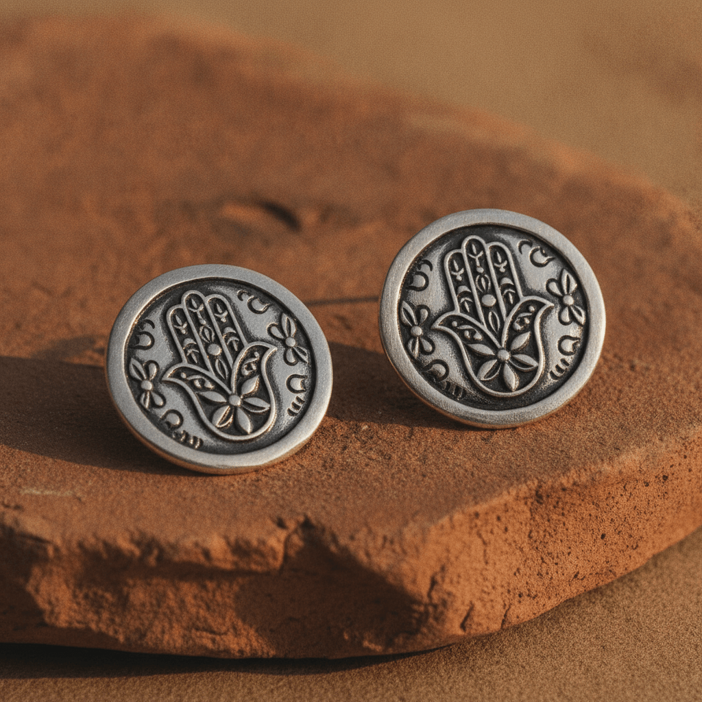 Handmade Engraved Medallion Earrings featuring a detailed Khamsa motif from amazighcraft.com.