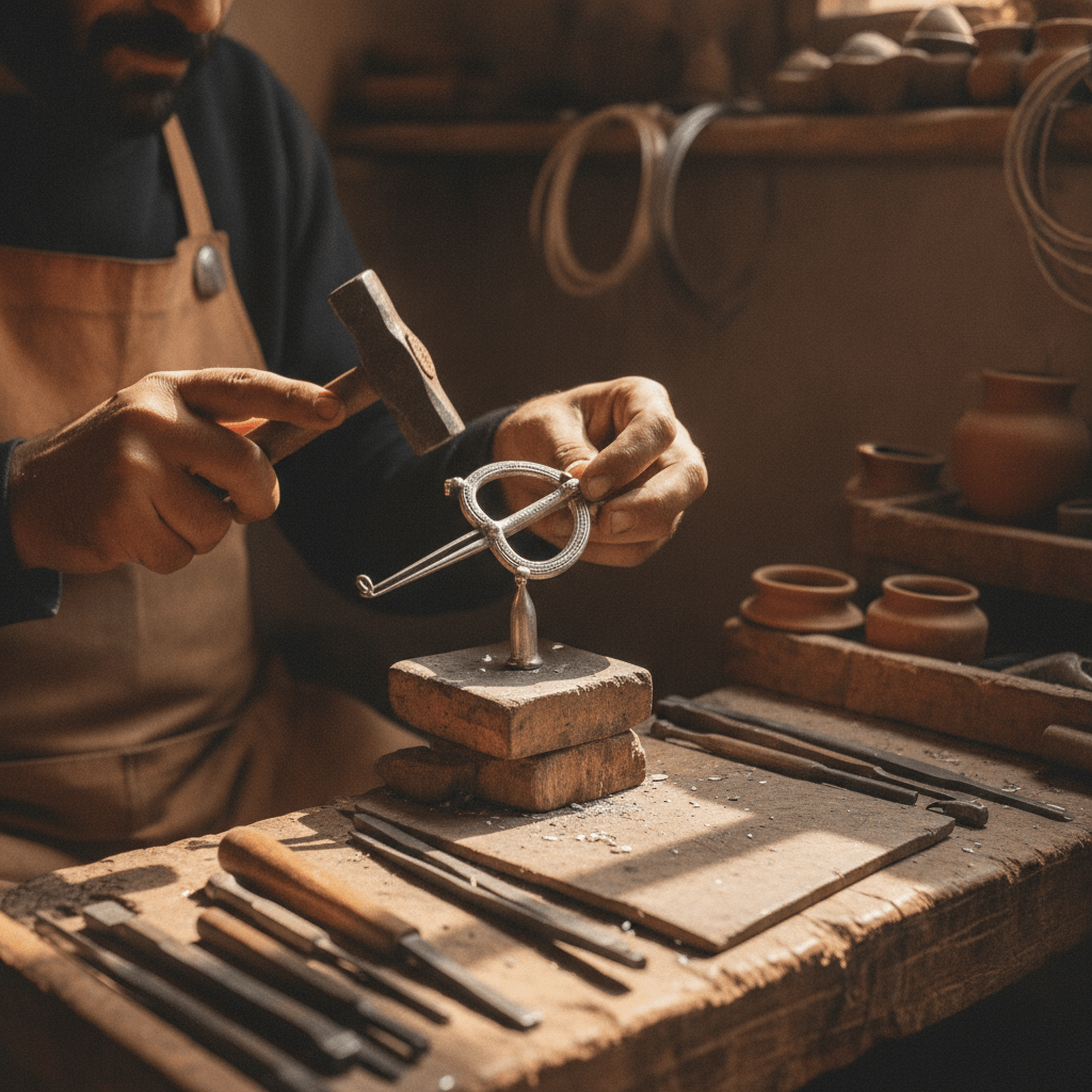 Moroccan silversmith hands crafting a Tizerzai fibula with traditional techniques in Tiznit, Morocco.
