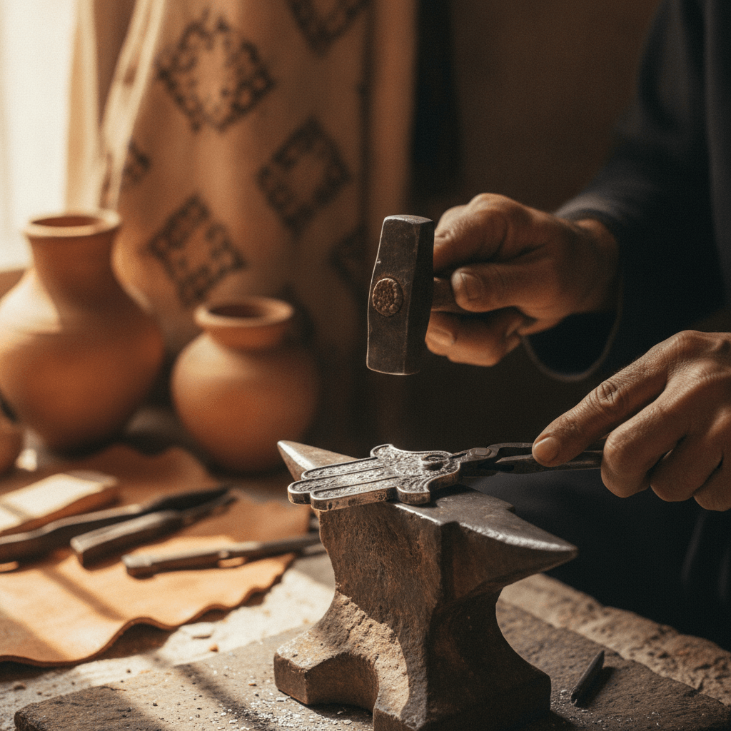 A master silversmith in Tiznit, Morocco, hand-forging a traditional Berber silver Khamsa piece.
